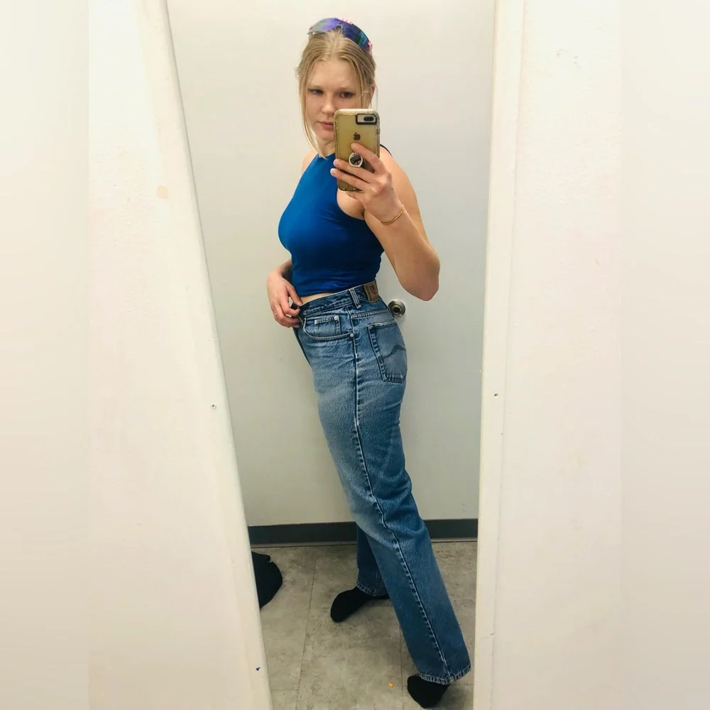 Full Blue Registered Vintage Straight Leg Distressed Jeans Retro High Rise - Picture 4 of 16